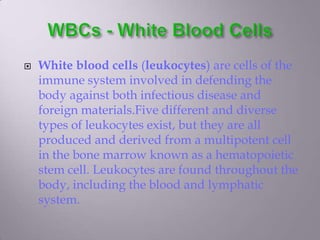    White blood cells (leukocytes) are cells of the
    immune system involved in defending the
    body against both infectious disease and
    foreign materials.Five different and diverse
    types of leukocytes exist, but they are all
    produced and derived from a multipotent cell
    in the bone marrow known as a hematopoietic
    stem cell. Leukocytes are found throughout the
    body, including the blood and lymphatic
    system.
 