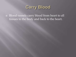    Blood vessels carry blood from heart to all
    tissues to the body and back to the heart.
 