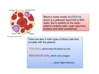 http://texasheart.org/HIC/Anatomy 
Blood is made mostly of plasma, 
which is a yellowish liquid that is 90% 
water. But in addition to the water, 
plasma contains salts, sugar (glucose), 
proteins and other substances. 
There are also 3 main types of blood cells that 
circulate with the plasma: 
Platelets, which help the blood to clot. 
Red blood cells, which carry oxygen. 
White blood cells, which fight infection. 
 