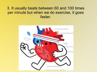 3. It usually beats between 60 and 100 times
per minute but when we do exercise, it goes
faster.
 