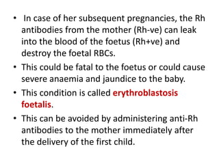 • In case of her subsequent pregnancies, the Rh
antibodies from the mother (Rh-ve) can leak
into the blood of the foetus (Rh+ve) and
destroy the foetal RBCs.
• This could be fatal to the foetus or could cause
severe anaemia and jaundice to the baby.
• This condition is called erythroblastosis
foetalis.
• This can be avoided by administering anti-Rh
antibodies to the mother immediately after
the delivery of the first child.
 