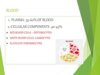 BLOOD
1. PLASMA- 55-60% OF BLOOD
2. CELLULAR COMPONENTS- 40-45%
 RED BLOOD CELLS – ERYTHROCYTES
 WHITE BLOOD CELLS- LEUKOCYTES
 PLATELETS-THROMBOCYTES
 