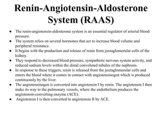 Renin-Angiotensin-Aldosterone
System (RAAS)
● The renin-angiotensin-aldosterone system is an essential regulator of arterial blood
pressure.
● The system relies on several hormones that act to increase blood volume and
peripheral resistance.
● It begins with the production and release of renin from juxtaglomerular cells of the
kidney.
● They respond to decreased blood pressure, sympathetic nervous system activity, and
reduced sodium levels within the distal convoluted tubules of the nephrons.
● In response to these triggers, renin is released from the juxtaglomerular cells and
enters the blood where it comes in contact with angiotensinogen which is produced
continuously by the liver.
● The angiotensinogen is converted into angiotensin I by renin. The angiotensin I then
make its way to the pulmonary vessels, where the endothelium produces the
angiotensin-converting enzyme (ACE).
● Angiotensin I is then converted to angiotensin II by ACE.
 