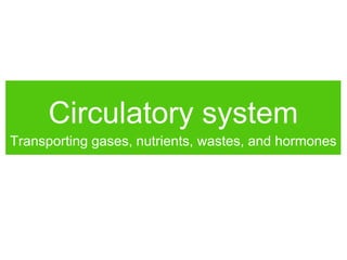Circulatory system
Transporting gases, nutrients, wastes, and hormones
 