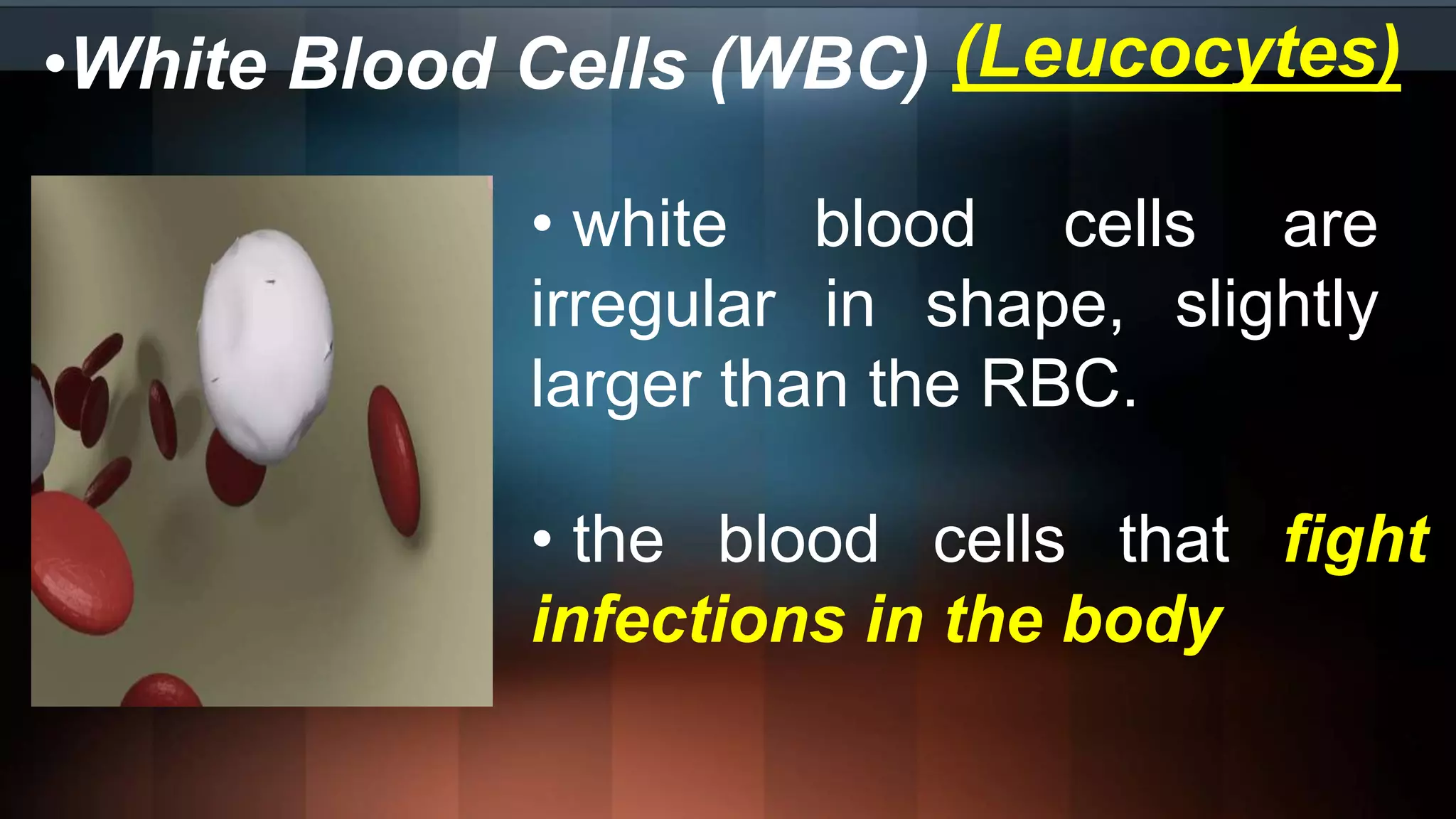 •White Blood Cells (WBC) (Leucocytes)
• white blood cells are
irregular in shape, slightly
larger than the RBC.
• the blood cells that fight
infections in the body
 