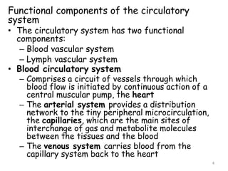 Functional components of the circulatory
system
• The circulatory system has two functional
components:
– Blood vascular system
– Lymph vascular system
• Blood circulatory system
– Comprises a circuit of vessels through which
blood flow is initiated by continuous action of a
central muscular pump, the heart
– The arterial system provides a distribution
network to the tiny peripheral microcirculation,
the capillaries, which are the main sites of
interchange of gas and metabolite molecules
between the tissues and the blood
– The venous system carries blood from the
capillary system back to the heart
4
 