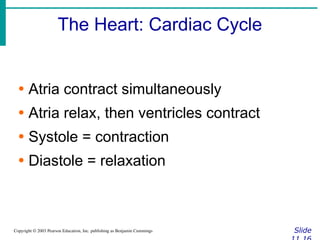 The Heart: Cardiac Cycle
Slide
Copyright © 2003 Pearson Education, Inc. publishing as Benjamin Cummings
∙ Atria contract simultaneously
∙ Atria relax, then ventricles contract
∙ Systole = contraction
∙ Diastole = relaxation
 