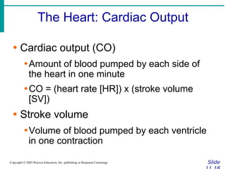 The Heart: Cardiac Output
Slide
Copyright © 2003 Pearson Education, Inc. publishing as Benjamin Cummings
∙ Cardiac output (CO)
∙Amount of blood pumped by each side of
the heart in one minute
∙CO = (heart rate [HR]) x (stroke volume
[SV])
∙ Stroke volume
∙Volume of blood pumped by each ventricle
in one contraction
 