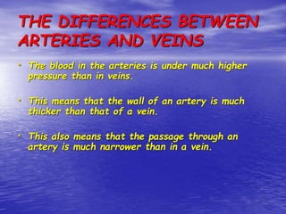 THE DIFFERENCES BETWEEN
ARTERIES AND VEINS
• The blood in the arteries is under much higher
pressure than in veins.
• This means that the wall of an artery is much
thicker than that of a vein.
• This also means that the passage through an
artery is much narrower than in a vein.
 