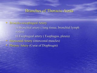 Branches of Thoracic Aorta
• Broncho-oesophageal Artery
a) Bronchial artery ( lung tissue, bronchial lymph
nodes)
b) Esophageal artery ( Esophagus, pleura)
• Intercostal Artery (intercostal muscles)
• Phrenic Artery (Curar of Diaphragm)
 