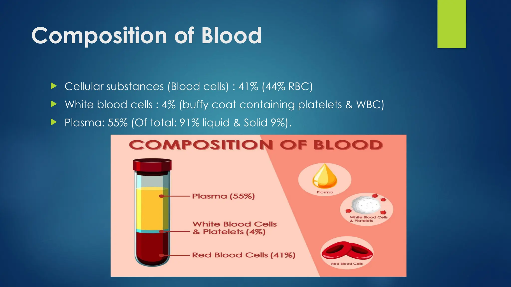 Composition of Blood
 Cellular substances (Blood cells) : 41% (44% RBC)
 White blood cells : 4% (buffy coat containing platelets & WBC)
 Plasma: 55% (Of total: 91% liquid & Solid 9%).
 