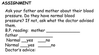 Ask your father and mother about their blood
pressure. Do they have normal blood
pressure? If not, ask what the doctor advised
them.
B.P. reading: mother _____________
father _____________
Normal __yes ___no
Normal ___yes _____no
Doctor’s advice:
ASSIGNMENT
 
