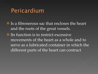 Is a fibroserous sac that encloses the heart and the roots of the great vessels. Its function is to restrict excessive movements of the heart as a whole and to serve as a lubricated container in which the different parts of the heart can contract 