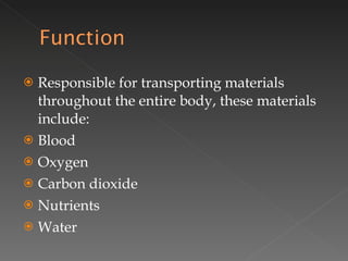 Responsible for transporting materials throughout the entire body, these materials include: Blood Oxygen Carbon dioxide Nutrients Water  