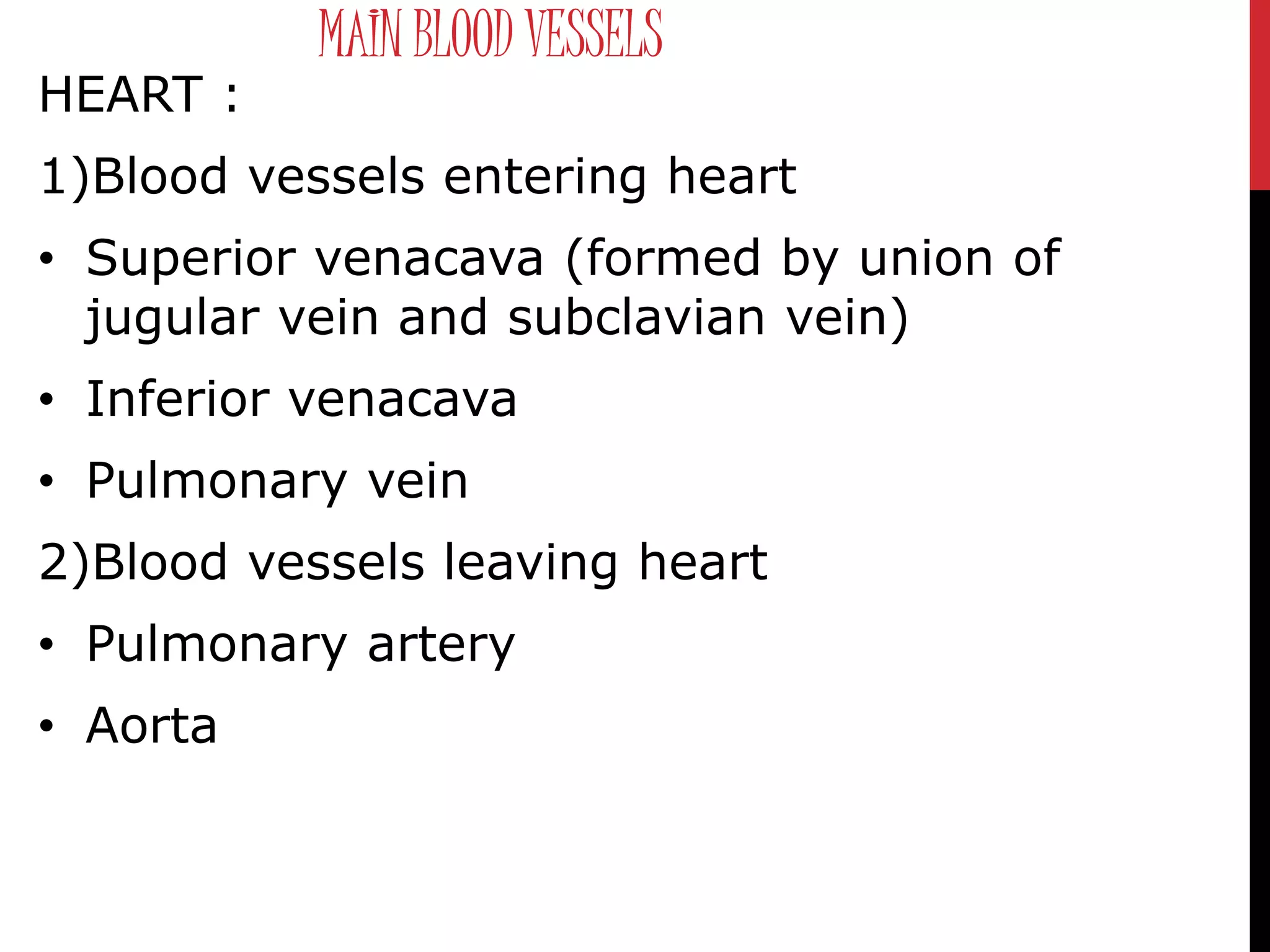 MAIN BLOOD VESSELS
HEART :
1)Blood vessels entering heart
• Superior venacava (formed by union of
jugular vein and subclavian vein)
• Inferior venacava
• Pulmonary vein
2)Blood vessels leaving heart
• Pulmonary artery
• Aorta
 
