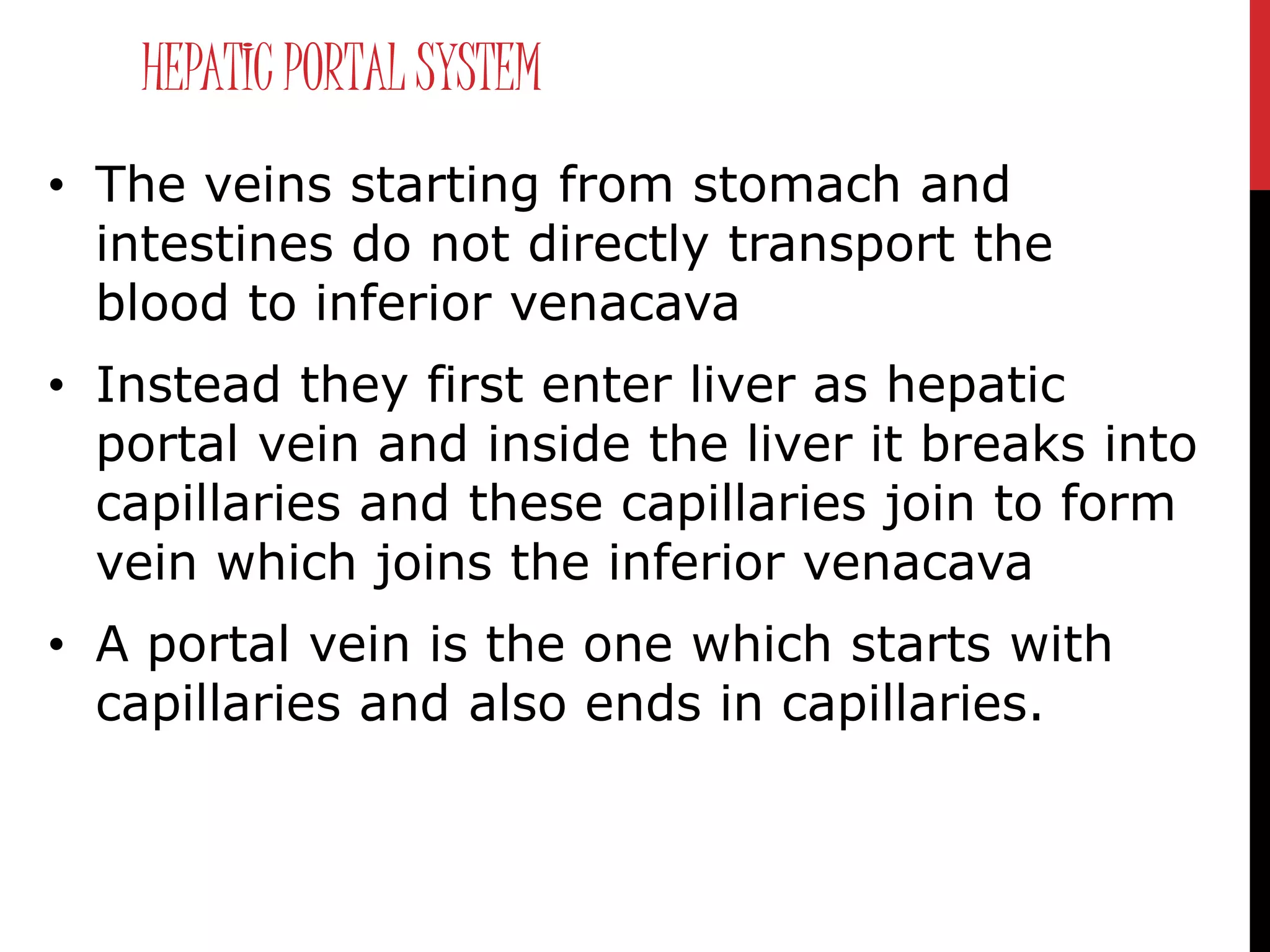HEPATIC PORTALSYSTEM
• The veins starting from stomach and
intestines do not directly transport the
blood to inferior venacava
• Instead they first enter liver as hepatic
portal vein and inside the liver it breaks into
capillaries and these capillaries join to form
vein which joins the inferior venacava
• A portal vein is the one which starts with
capillaries and also ends in capillaries.
 