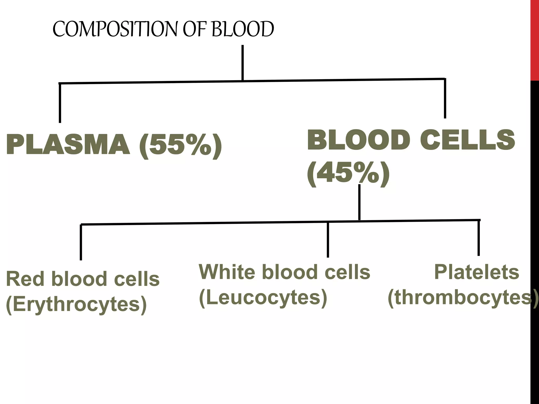 COMPOSITIONOFBLOOD
PLASMA (55%) BLOOD CELLS
(45%)
Red blood cells
(Erythrocytes)
White blood cells
(Leucocytes)
Platelets
(thrombocytes)
 