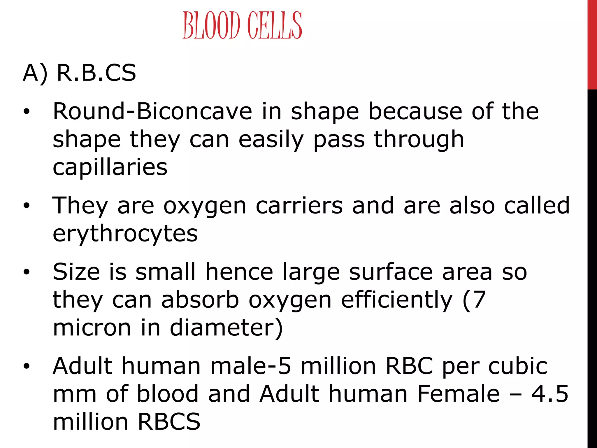 BLOOD CELLS
A) R.B.CS
• Round-Biconcave in shape because of the
shape they can easily pass through
capillaries
• They are oxygen carriers and are also called
erythrocytes
• Size is small hence large surface area so
they can absorb oxygen efficiently (7
micron in diameter)
• Adult human male-5 million RBC per cubic
mm of blood and Adult human Female – 4.5
million RBCS
 