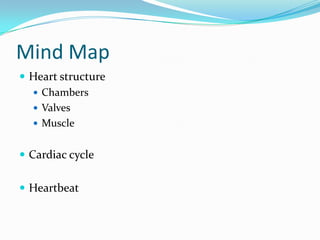Mind Map
 Heart structure
   Chambers
   Valves
   Muscle


 Cardiac cycle


 Heartbeat
 
