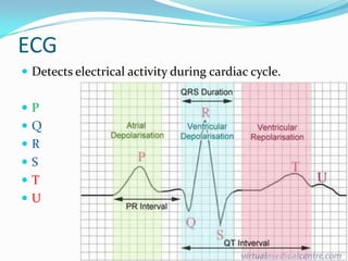 ECG
 Detects electrical activity during cardiac cycle.


P
Q
R
S
T
U
 