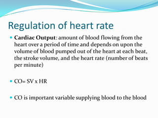 Regulation of heart rate
 Cardiac Output: amount of blood flowing from the
 heart over a period of time and depends on upon the
 volume of blood pumped out of the heart at each beat,
 the stroke volume, and the heart rate (number of beats
 per minute)

 CO= SV x HR


 CO is important variable supplying blood to the blood
 