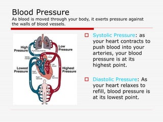 Blood Pressure
As blood is moved through your body, it exerts pressure against
the walls of blood vessels.
 Systolic Pressure: as
your heart contracts to
push blood into your
arteries, your blood
pressure is at its
highest point.
 Diastolic Pressure: As
your heart relaxes to
refill, blood pressure is
at its lowest point.
 