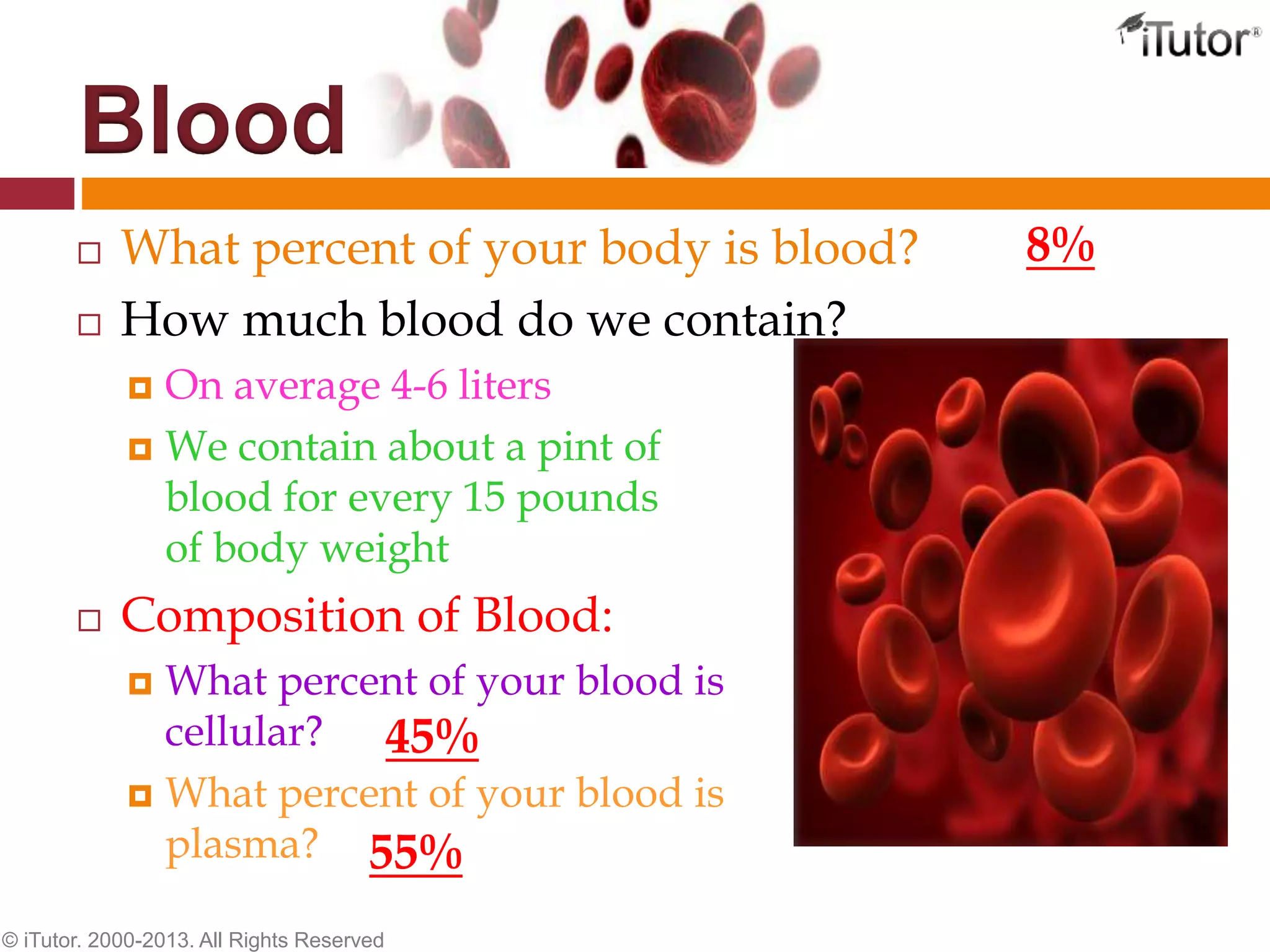 Blood
 What percent of your body is blood?
 How much blood do we contain?
 On average 4-6 liters
 We contain about a pint of
blood for every 15 pounds
of body weight
 Composition of Blood:
 What percent of your blood is
cellular?
 What percent of your blood is
plasma?
8%
45%
55%
© iTutor. 2000-2013. All Rights Reserved
 