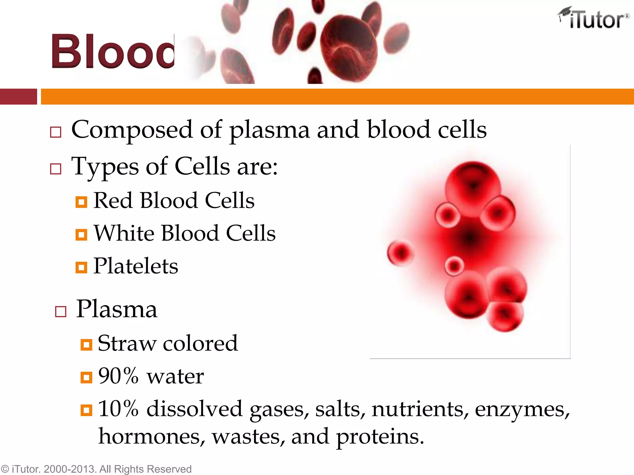 Blood
 Composed of plasma and blood cells
 Types of Cells are:
 Red Blood Cells
 White Blood Cells
 Platelets
© iTutor. 2000-2013. All Rights Reserved
 Plasma
 Straw colored
 90% water
 10% dissolved gases, salts, nutrients, enzymes,
hormones, wastes, and proteins.
 
