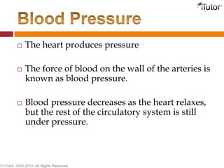  The heart produces pressure
 The force of blood on the wall of the arteries is
known as blood pressure.
 Blood pressure decreases as the heart relaxes,
but the rest of the circulatory system is still
under pressure.
© iTutor. 2000-2013. All Rights Reserved
 