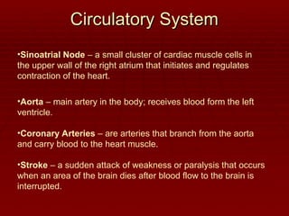 Circulatory System
Circulatory System
•Sinoatrial Node – a small cluster of cardiac muscle cells in
the upper wall of the right atrium that initiates and regulates
contraction of the heart.
•Aorta – main artery in the body; receives blood form the left
ventricle.
•Coronary Arteries – are arteries that branch from the aorta
and carry blood to the heart muscle.
•Stroke – a sudden attack of weakness or paralysis that occurs
when an area of the brain dies after blood flow to the brain is
interrupted.
 