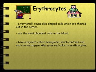 Erythrocytes

- a very small, round disc-shaped cells which are thinned
out in the center.

- are the most abundant cells in the blood.


- have a pigment called hemoglobin, which contains iron
and carries oxygen. Also gives red color to erythrocytes.
 