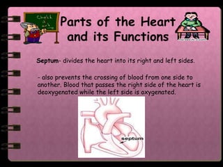 Parts of the Heart
         and its Functions
Septum- divides the heart into its right and left sides.

- also prevents the crossing of blood from one side to
another. Blood that passes the right side of the heart is
deoxygenated while the left side is oxygenated.
 