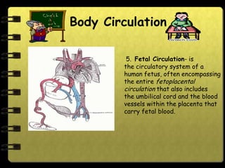 Body Circulation

         5. Fetal Circulation- is
        the circulatory system of a
        human fetus, often encompassing
        the entire fetoplacental
        circulation that also includes
        the umbilical cord and the blood
        vessels within the placenta that
        carry fetal blood.
 