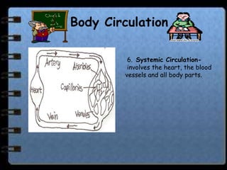 Body Circulation

         6. Systemic Circulation-
         involves the heart, the blood
        vessels and all body parts.
 