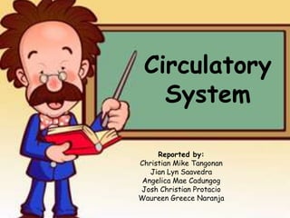 Circulatory
   System

     Reported by:
Christian Mike Tangonan
   Jian Lyn Saavedra
 Angelica Mae Cadungog
Josh Christian Protacio
Waureen Greece Naranja
 