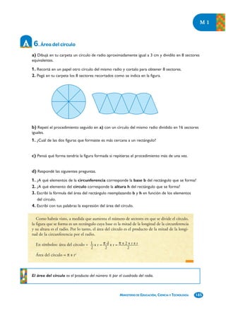 M1


 6. Área del círculo
a) Dibujá en tu carpeta un círculo de radio aproximadamente igual a 3 cm y dividilo en 8 sectores
equivalentes.

1. Recortá en un papel otro círculo del mismo radio y cortalo para obtener 8 sectores.
2. Pegá en tu carpeta los 8 sectores recortados como se indica en la figura.




b) Repetí el procedimiento seguido en a) con un círculo del mismo radio dividido en 16 sectores
iguales.
1. ¿Cuál de las dos figuras que formaste es más cercana a un rectángulo?


c) Pensá qué forma tendría la figura formada si repitieras el procedimiento más de una vez.


d) Respondé las siguientes preguntas.
1. ¿A qué elementos de la circunferencia corresponde la base b del rectángulo que se forma?
2. ¿A qué elemento del círculo corresponde la altura h del rectángulo que se forma?
3. Escribí la fórmula del área del rectángulo reemplazando b y h en función de los elementos
   del círculo.
4. Escribí con tus palabras la expresión del área del círculo.

   Como habrás visto, a medida que aumenta el número de sectores en que se divide el círculo,
la figura que se forma es un rectángulo cuya base es la mitad de la longitud de la circunferencia
y su altura es el radio. Por lo tanto, el área del círculo es el producto de la mitad de la longi-
tud de la circunferencia por el radio.

  En símbolos: área del círculo = L x r = π d x r = π x 2 x r x r
                                  2        2             2
  Área del círculo = π x r2



El área del círculo es el producto del número π por el cuadrado del radio.



                                                      MINISTERIO DE EDUCACIÓN, CIENCIA Y TECNOLOGÍA   185
 