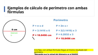 Ejemplos de cálculo de perímetro con ambas
fórmulas
Si te fijas, con ambas fórmulas llegas al mismo resultado del
perímetro.
Diámetr
o
 