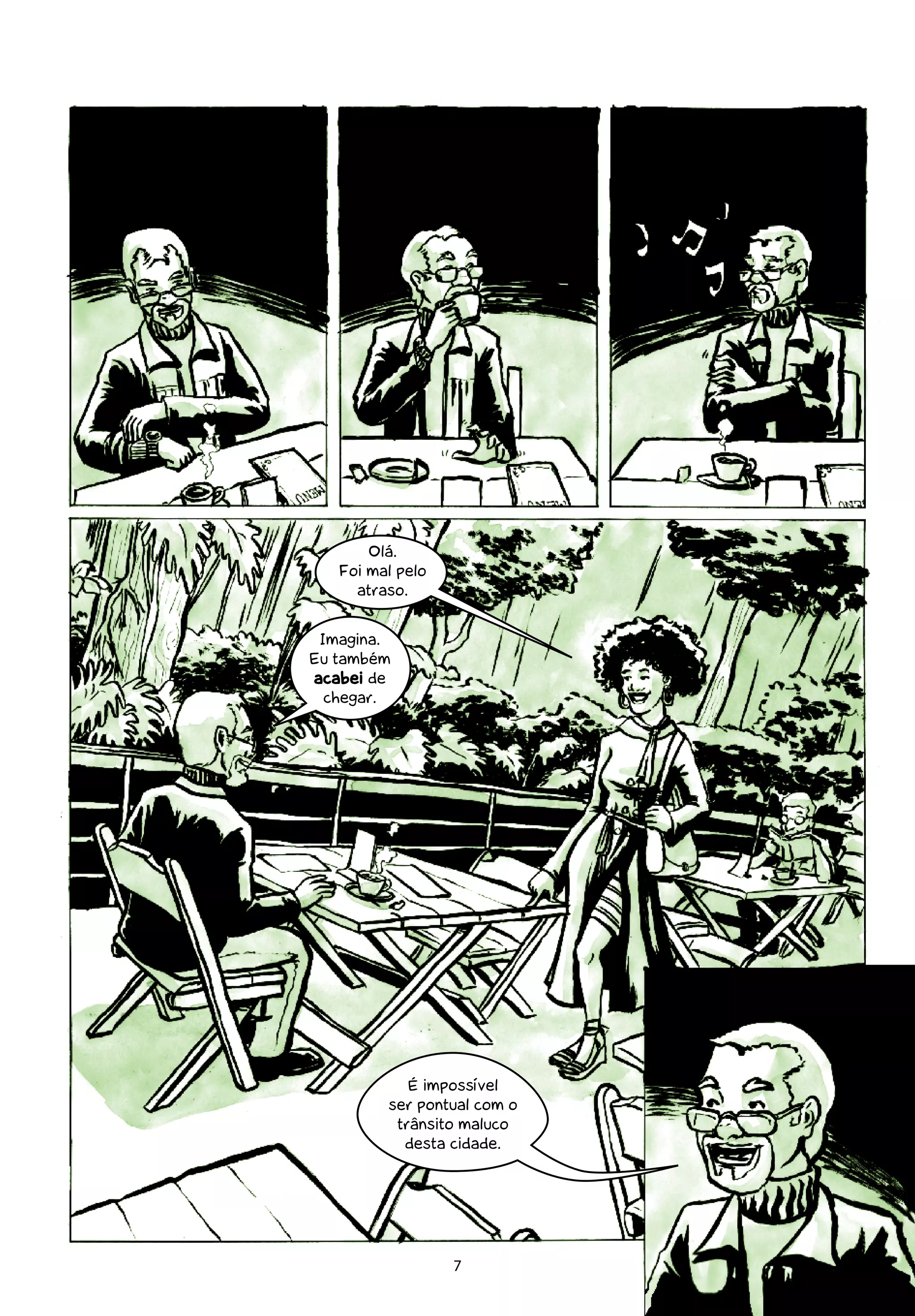 Olá.
   Foi mal pelo
     atraso.


 Imagina.
Eu também
acabei de
  chegar.




            É impossível
         ser pontual com o
          trânsito maluco
           desta cidade.




                  7
 