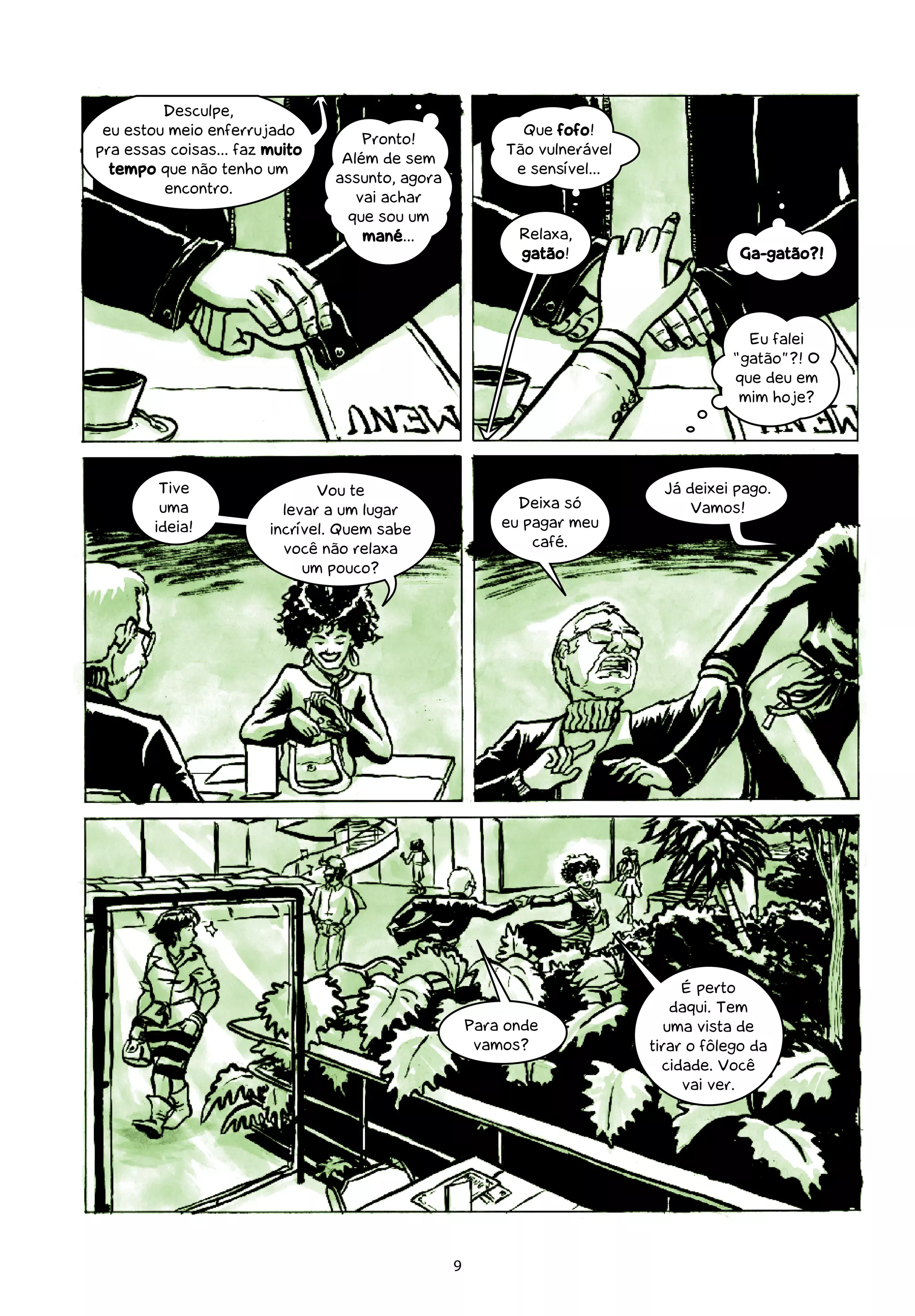 Desculpe,
 eu estou meio enferrujado                                  Que fofo!
                                    Pronto!
pra essas coisas... faz muito                             Tão vulnerável
                                 Além de sem
  tempo que não tenho um                                   e sensível...
                                assunto, agora
         encontro.
                                   vai achar
                                  que sou um
                                    mané...                Relaxa,
                                                           gatão!                       Ga-gatão?!




                                                                                         Eu falei
                                                                                       “gatão”?! O
                                                                                       que deu em
                                                                                        mim hoje?




         Tive                  Vou te                                        Já deixei pago.
         uma              levar a um lugar                 Deixa só              Vamos!
        ideia!          incrível. Quem sabe              eu pagar meu
                          você não relaxa                    café.
                             um pouco?




                                                                                É perto
                                                                               daqui. Tem
                                                     Para onde                uma vista de
                                                      vamos?               tirar o fôlego da
                                                                             cidade. Você
                                                                                vai ver.




                                                 9
 