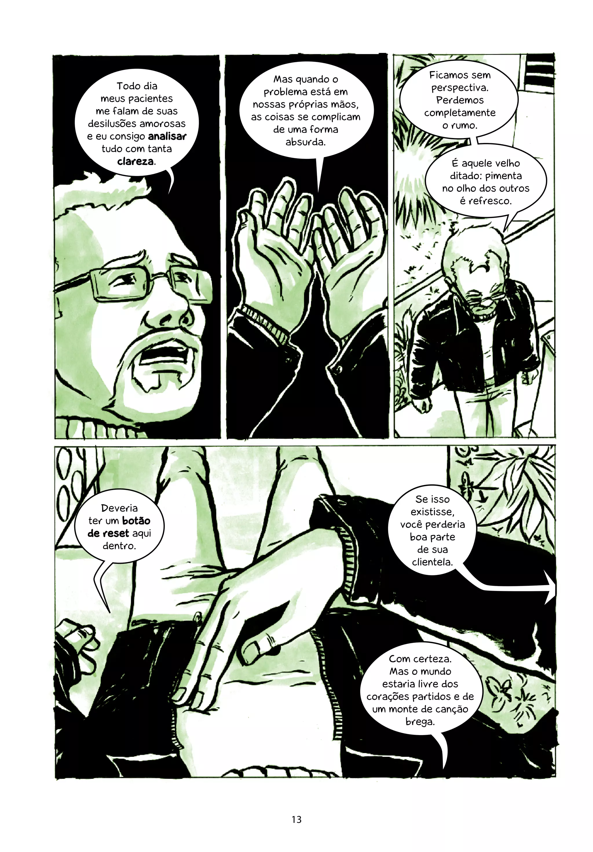 Mas quando o                    Ficamos sem
      Todo dia                                               perspectiva.
                           problema está em
   meus pacientes                                             Perdemos
                        nossas próprias mãos,
  me falam de suas                                          completamente
                        as coisas se complicam
desilusões amorosas                                             o rumo.
                             de uma forma
e eu consigo analisar
                               absurda.
   tudo com tanta
      clareza.                                                    É aquele velho
                                                                 ditado: pimenta
                                                                no olho dos outros
                                                                    é refresco.




                                                          Se isso
   Deveria                                               existisse,
ter um botão                                           você perderia
de reset aqui                                            boa parte
   dentro.                                                de sua
                                                         clientela.




                                                     Com certeza.
                                                     Mas o mundo
                                                    estaria livre dos
                                                 corações partidos e de
                                                  um monte de canção
                                                         brega.




                                13
 