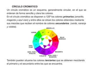 CÍRCULO CROMÁTICO
Un círculo cromático es un esquema, generalmente circular, en el que se
ordenan de forma sencilla y clara los colores.
En el círculo cromático se disponen a 120º los colores primarios (amarillo,
magenta y azul cian) y entre ellos se sitúan los colores obtenidos mediante
sus mezclas que reciben el nombre de colores secundarios (verde, naranja
y violeta).
También pueden situarse los colores terciarios que se obtienen mezclando
el primario y el secundario entre los que se encuentra.
 