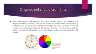 Origines del circulo cromático
 Pero esta división del espectro en siete colores ideada por Newton fue
mayoritariamente arbitraria, pues en el arcoíris no existen tales separaciones y
parece dictada por su obsesión con la numerología. La rueda cromática resultante
es algo caótica: los segmentos son de distintos tamaño, y rojo, amarillo y azul, los
colores primarios tradicionales, no se distribuyen uniformemente alrededor del
círculo.
 
