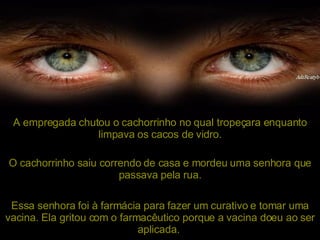 A empregada chutou o cachorrinho no qual tropeçara enquanto limpava os cacos de vidro. O cachorrinho saiu correndo de casa e mordeu uma senhora que passava pela rua. Essa senhora foi à farmácia para fazer um curativo e tomar uma vacina. Ela gritou com o farmacêutico porque a vacina doeu ao ser aplicada.   