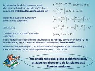 Un estado tensional plano o bidimensional,
es aquel en el que uno de los planos está
libre de tensiones
La determinación de las tensiones puede
obtenerse utilizando un método gráfico. Las
ecuaciones del Estado Plano de Tensiones son:
que constituye la ecuación de una circunferencia de radio R y centro en un punto “C” de
coordenadas xC e yC = 0. Esta circunferencia se denomina Círculo de Mohr.
t
ss
t
t
ssss
s
2cos2sin
2
2sin2cos
22





 






xy
yx
xy
yxyx
elevando al cuadrado, sumando y
simplificando obtenemos:
2
2
2
2
22
xy
yxyx
t
ss
t
ss
s 




 





 

si llamamos
2
2
22
xy
yxyx
C Ryx t
ssss





 



y sustituimos en la ecuación anterior
obtenemos:
  222
RxC  ts
las coordenadas de cada punto de esta circunferencia representan las tensiones s y t
trazadas a cada uno de los infinitos planos que pasan por el punto.
 