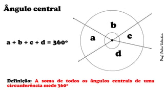 Ângulo central
Definição: A soma de todos os ângulos centrais de uma
circunferência mede 360º
.
d
c
b
aa + b + c + d = 360º
Prof.PedroValentim
 