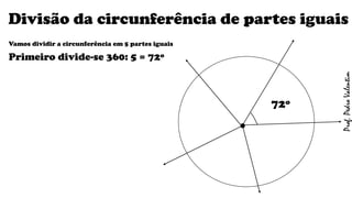 Divisão da circunferência de partes iguais
Vamos dividir a circunferência em 5 partes iguais
Primeiro divide-se 360: 5 = 72º
72º
Prof.PedroValentim
 
