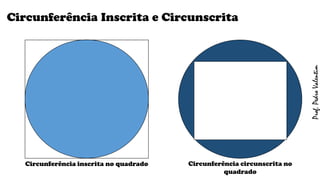 Circunferência Inscrita e Circunscrita
Circunferência inscrita no quadrado Circunferência circunscrita no
quadrado
Prof.PedroValentim
 