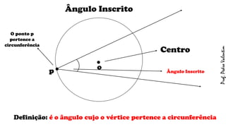 Definição: é o ângulo cujo o vértice pertence a circunferência
.o
Ângulo Inscrito
.
Centro
O ponto p
pertence a
circunferência
p Ângulo Inscrito
Prof.PedroValentim
 