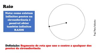 Raio
Definição: Segmento de reta que une o centro a qualquer dos
pontos da circunferência
.
.
Nota: como existem
infinitos pontos na
circunferência é
possível obter
também infinitos
RAIOS
Prof.PedroValentim
 