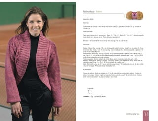 Fio Inusitado - Bolero


                                    Tamanho – 40/42

                                    Materiais:

                                    Fio Inusitado da Círculo, 4 nov. na cor rosa escuro (7802), ag. para tricô Círculo nº 5, ag. circular da
                                    Círculo nº 4.

                                    Ponto utilizado:

                                    Ponto meia: direito em m., avesso em t.. Barra 1/1: * 1 m., 1 t.*. Barra 2/2: * 2 m., 2 t.*. Avesso do ponto
                                    meia: direito em t., avesso em m.. Ponto fantasia: siga o gráfico.

                                    Amostra – Um quadrado de 10 cm em p. meia nas ag. nº 5 = 16 p. X 20 carr.

                                    Execução:

                                    Costas – Monte 80 p. nas ag. nº 5 e tric. do seguinte modo: 1 cm em p. meia, 8 cm em barra 2/2, 2 carr.
                                    em avesso do p. meia, 2 carr. em avesso do p. meia e continuar em p. fantasia seguindo o gráfico. A 55
                                    cm do início do trabalho rem.
                                    Frente direita – Monte 8 p. nas ag. nº 5 e tric. em p. fantasia seguindo o gráfico. Aum à direita cada 2
                                    carr.: 1 p.(24 v.). A 24 cm do início do trabalho para o decote rem. à direita cada 3 carr.: 1 p.(12 v.) A 44
                                    cm do início do trabalho rem. os p. restantes.
                                    Frente esquerda – Mesmo trabalho da frente direita, porém invertendo o lado dos aum. e dim..
                                    Mangas – Monte 44 p. nas ag. nº 5 e tric. 1 cm em p. barra 1/1, em seguida tric. em p. meia. Aum. de
                                    cada lado cada 20 carr.: 1 p. (5 v.). A 50 cm do início do trabalho, rem..
                                    Gola – Monte 254 p. nas ag. nº 5 (ou se preferir na ag. circular nº 4, trabalhando em carr. de ida e volta)
                                    e tric. em barra 2/2. A 10 cm do início do trabalho rem..

                                    Acabamento:

                                    Costure os ombros. Monte as mangas em 17 cm de cada lado das costuras dos ombros. Costure os
                                    lados e as mangas. Costure a gola ao longo das frentes e decote, a partir do início da frente. Costure
                                    borda com borda da barra da gola com a barra das costas.




                                            Legenda
                                                 = m.
                                                 = t.
                                                 = 3 p. cruzados à direita




Veja o passo a passo na página 21                                                                                 continua pág.12 -
                                                                                                                                                    11
 